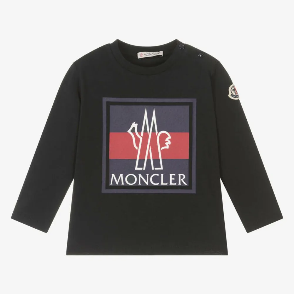 Moncler Enfant Tops*Boys Blue Cotton Tricolour Logo Top