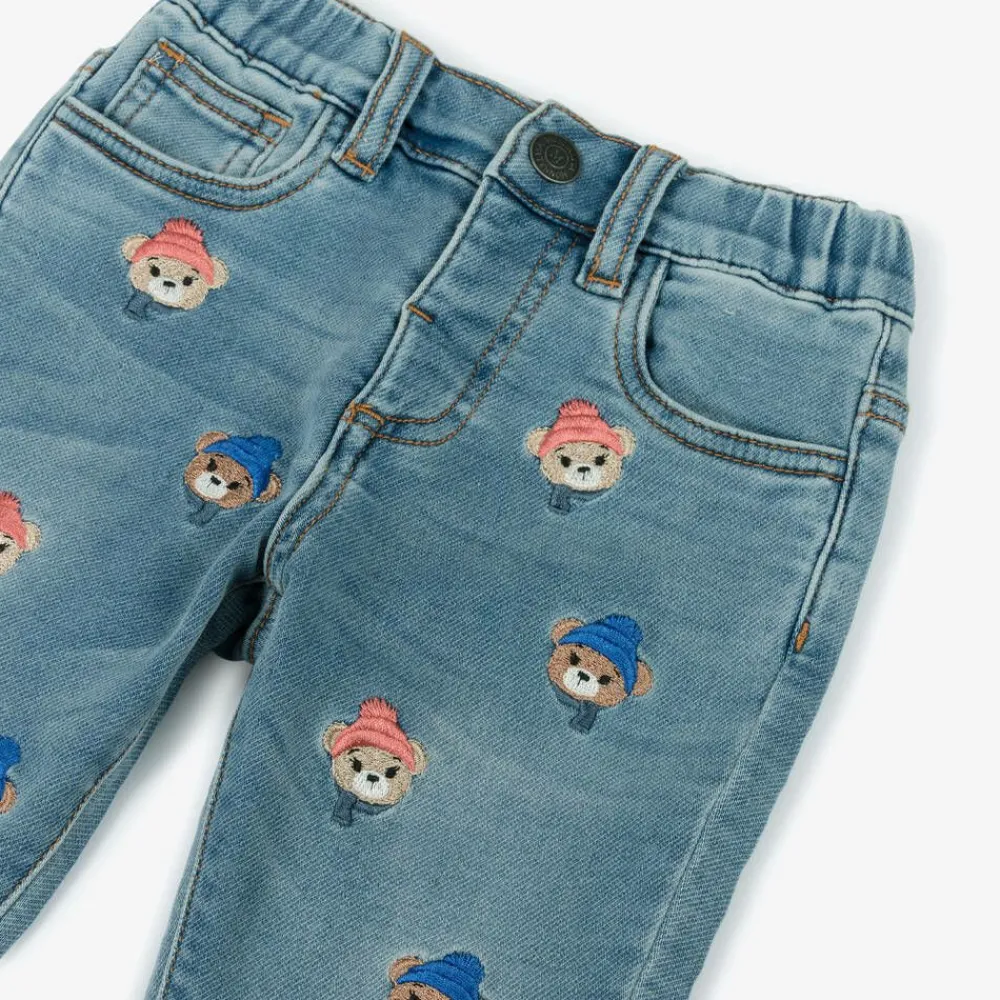 Monnalisa Trousers*Boys Blue Denim Embroidered Bear Jeans
