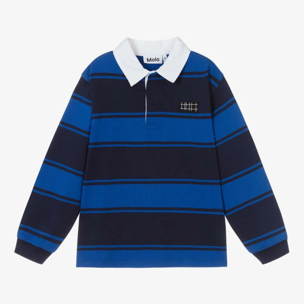 Molo Tops*Boys Blue Stripe Organic Cotton Rugby Shirt OceanBlue