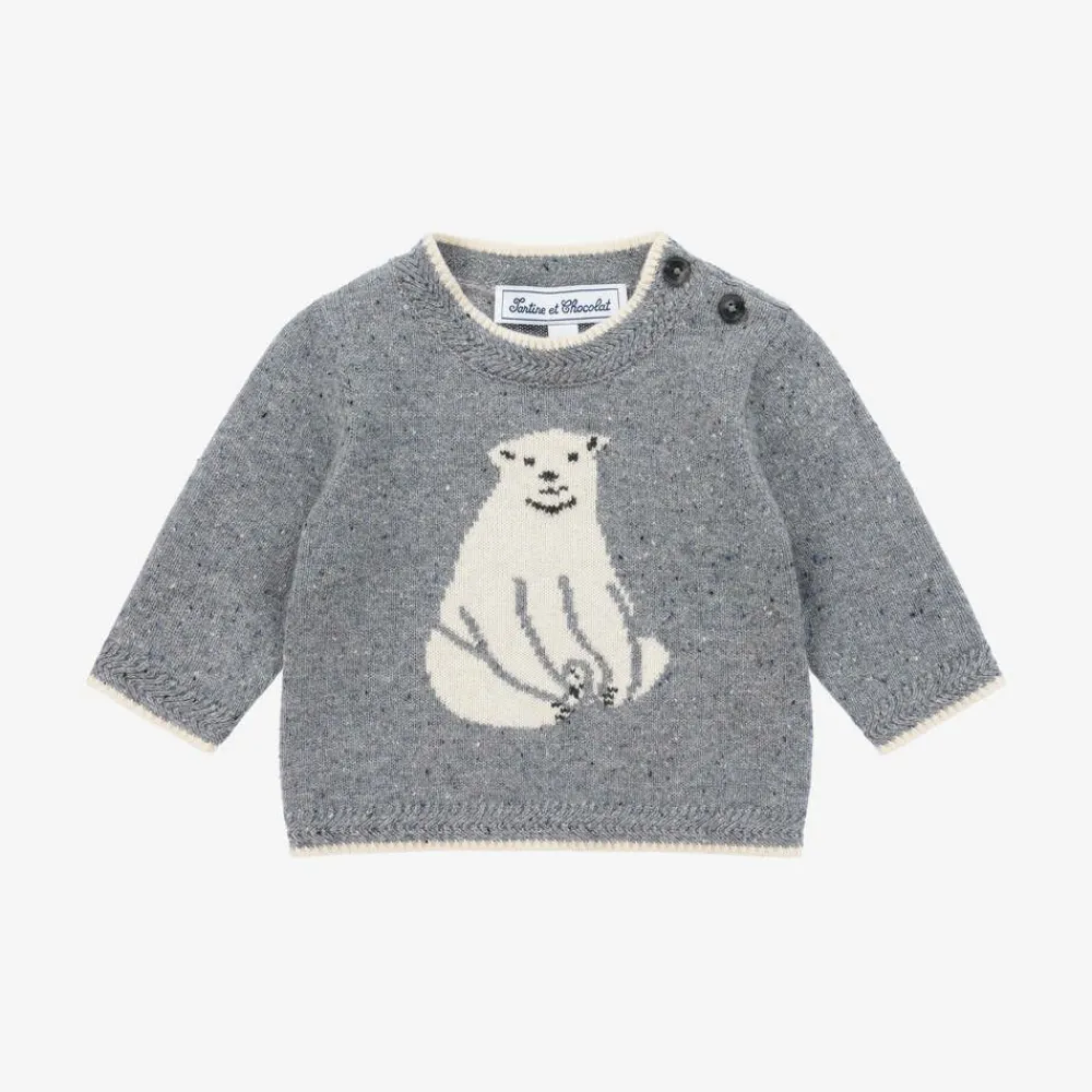 Tartine et Chocolat Tops*Boys Blue Wool Polar Bear Sweater