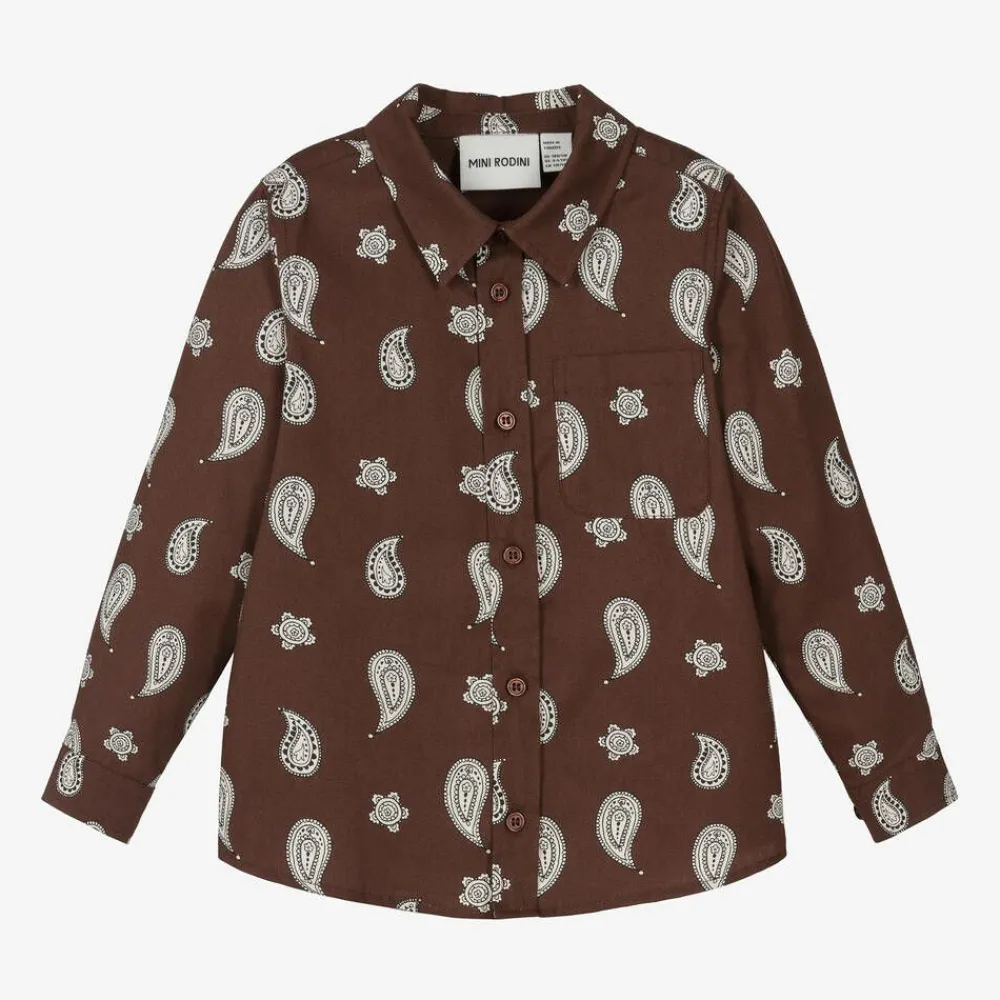 Mini Rodini Tops*Boys Brown Organic Cotton Paisley Shirt