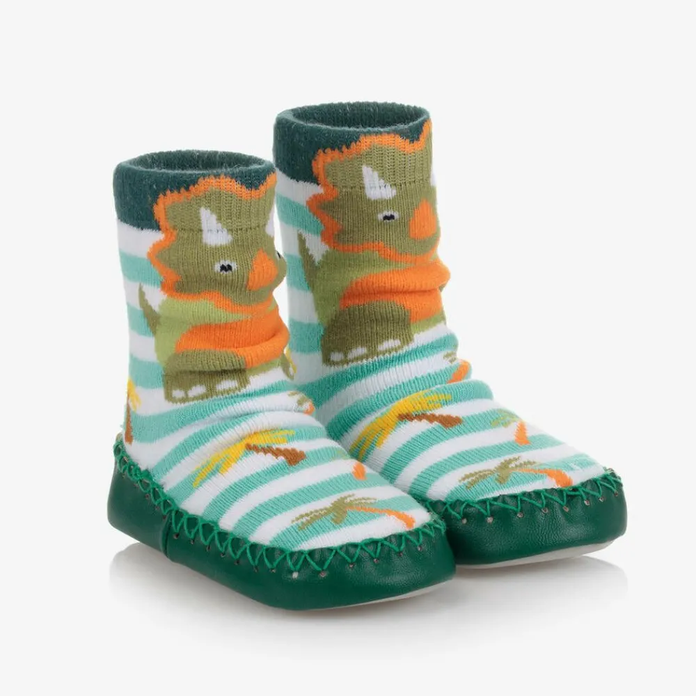 Powell Craft Slippers|Slippers*Boys Green Dinosaur Slipper Socks