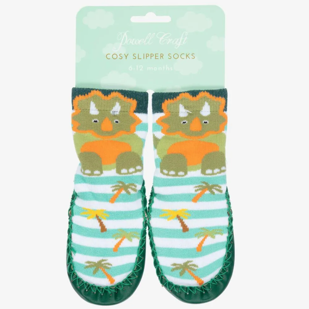Powell Craft Slippers|Slippers*Boys Green Dinosaur Slipper Socks