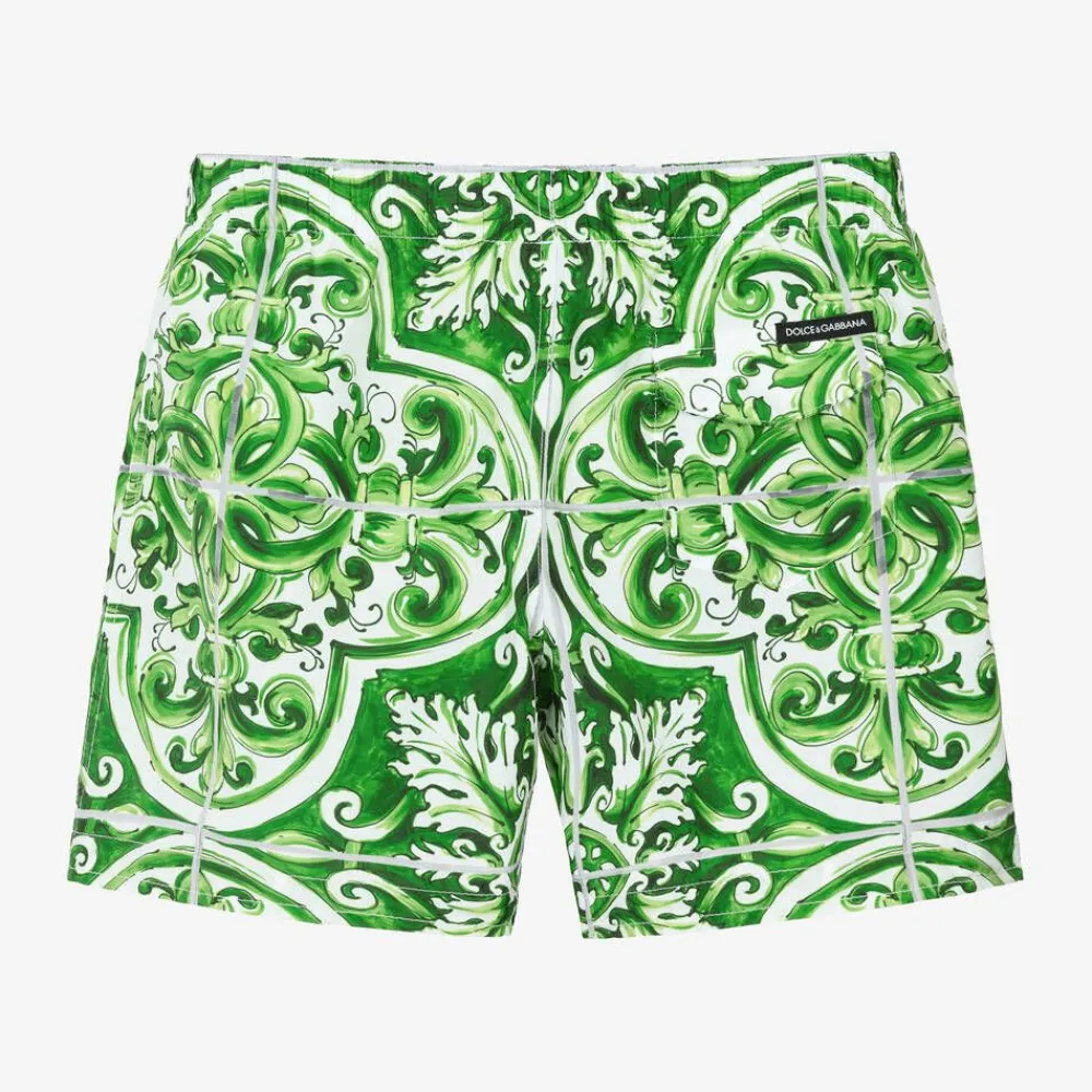 Dolce amp; Gabbana Swimwear*Boys Green Majolica Print Swim Shorts