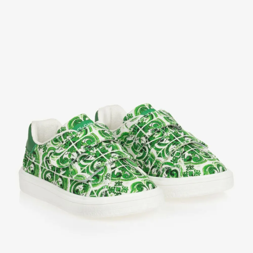 Dolce amp; Gabbana Trainers*Boys Green Majolica Print Canvas Trainers