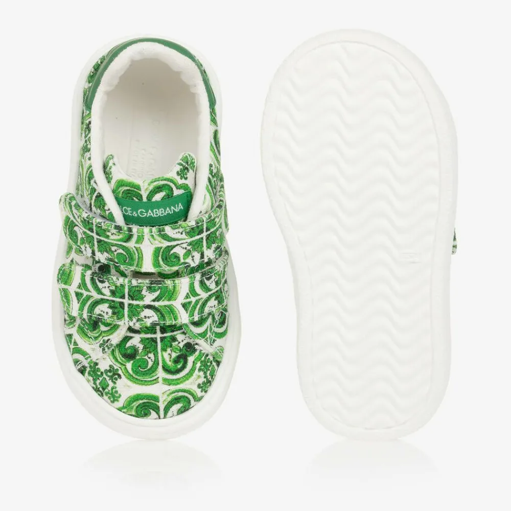 Dolce amp; Gabbana Trainers*Boys Green Majolica Print Canvas Trainers