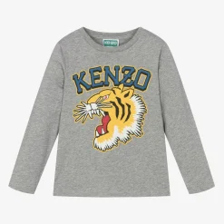 KENZO KIDS Tops*Boys Grey Cotton Varsity Tiger Top
