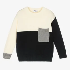 Il Gufo Tops*Boys Ivory & Blue Cotton Knit Sweater