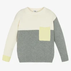 Il Gufo Tops*Boys Ivory & Grey Cotton Knit Sweater