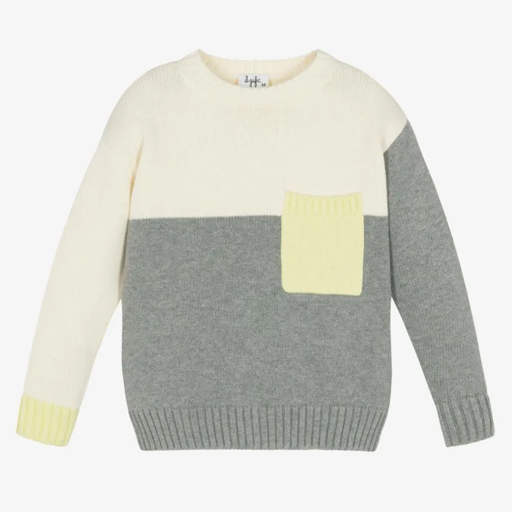 Il Gufo Tops*Boys Ivory & Grey Cotton Knit Sweater