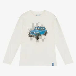 Mayoral Tops*Boys Ivory Cotton Blue Car Print Top