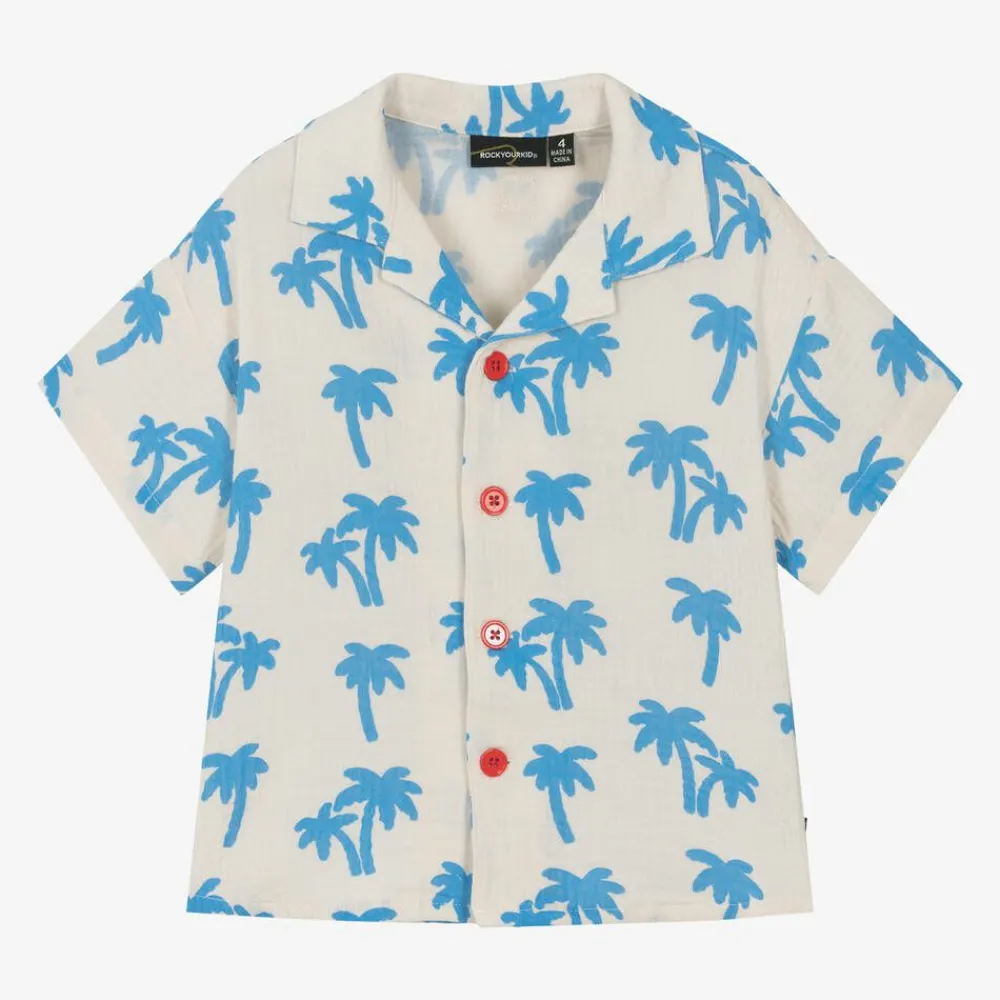 Rock Your Baby Tops*Boys Ivory Cotton Palm Tree Shirt