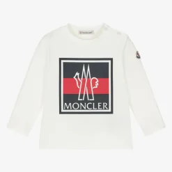 Moncler Enfant Tops*Boys Ivory Cotton Tricolour Logo Top