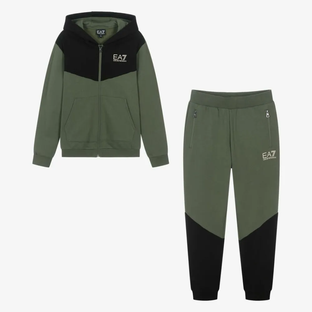 EA7 Emporio Armani Tracksuits*Boys Khaki Green Cotton Colourblock Tracksuit