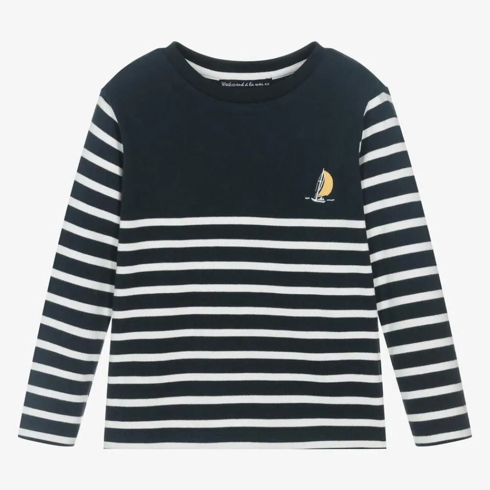 Week-end à la mer Tops*Boys Navy Blue & White Striped Cotton Top