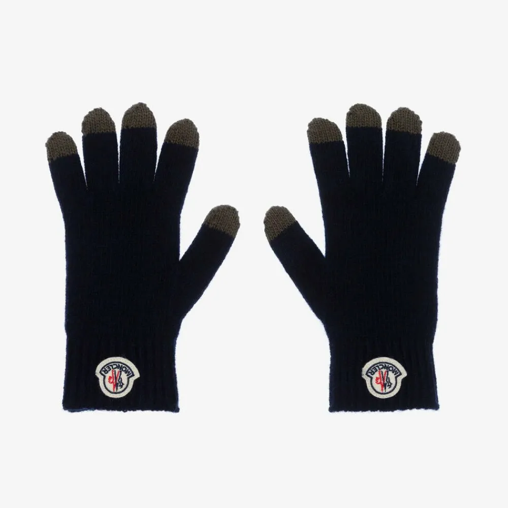 Moncler Enfant Gloves & Mittens*Boys Navy Blue Knitted Wool Gloves