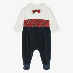Emile et Rose Babysuits*Boys Navy Blue Velour Tartan Babygrow