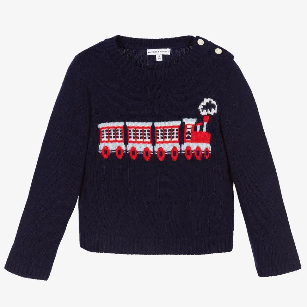 Beatrice amp; George Tops*Boys Navy Blue Wool Train Sweater