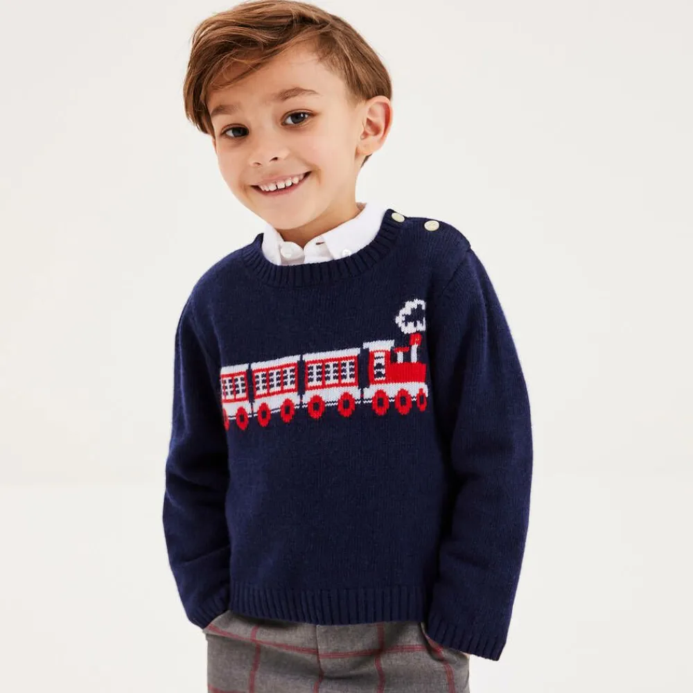 Beatrice amp; George Tops*Boys Navy Blue Wool Train Sweater