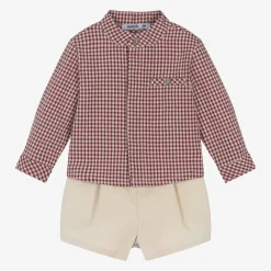 Babidu Outfit Sets*Boys Red Gingham & Beige Cotton Shorts Set