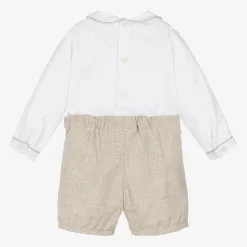 Kidiwi Outfit Sets*Boys White & Beige Cotton Buster Suit