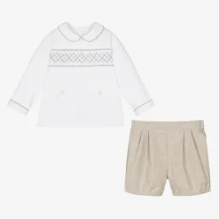 Kidiwi Outfit Sets*Boys White & Beige Cotton Buster Suit