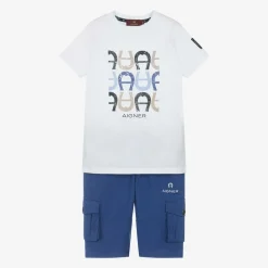 AIGNER Outfit Sets*Boys White & Blue Cotton Shorts Set