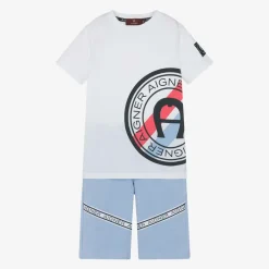 AIGNER Outfit Sets*Boys White & Blue Cotton Shorts Set