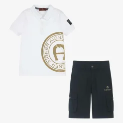 AIGNER Outfit Sets*Boys White & Blue Cotton Shorts Set