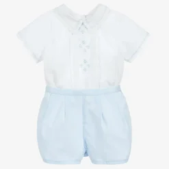 Sarah Louise Outfit Sets*Boys White & Blue Shorts Set