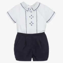 Sarah Louise Outfit Sets*Boys White & Blue Shorts Set