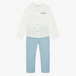 Babidu Outfit Sets*Boys White & Blue Trouser Set