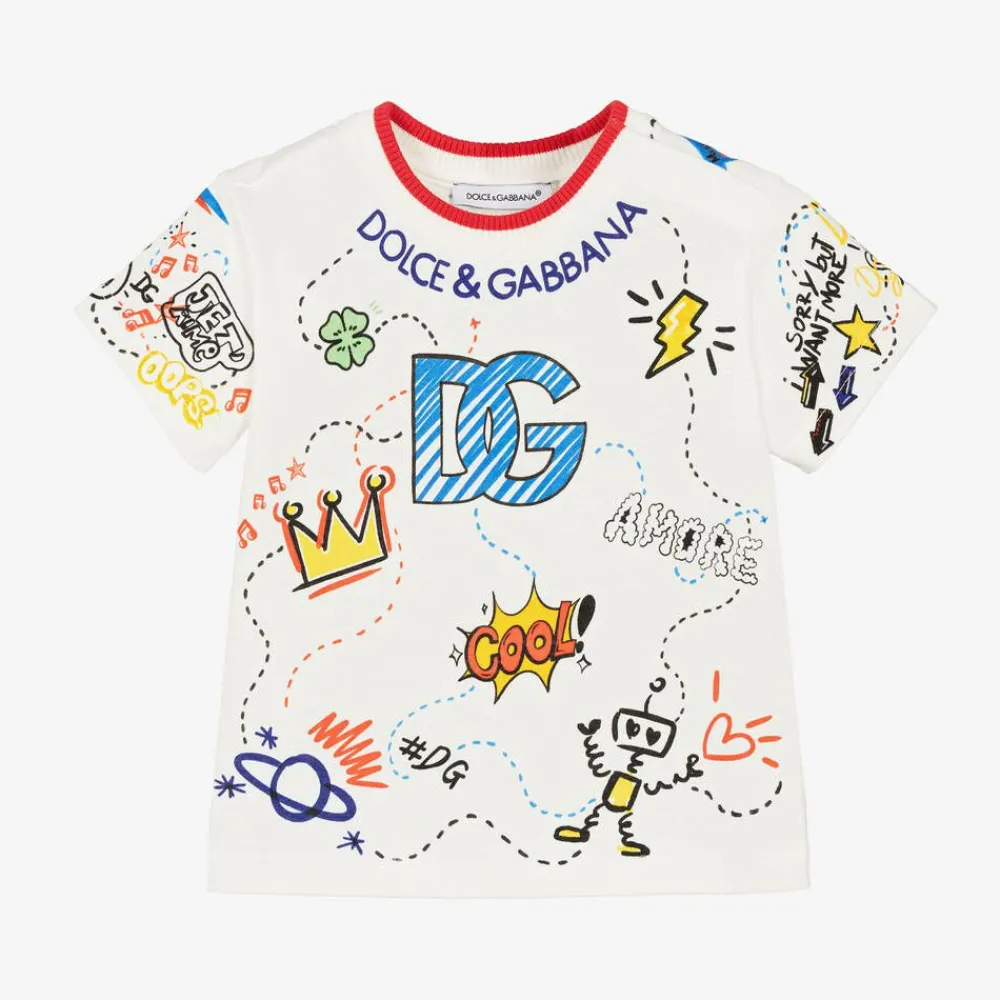 Dolce amp; Gabbana Tops*Boys White Cotton Graphic Print T-Shirt
