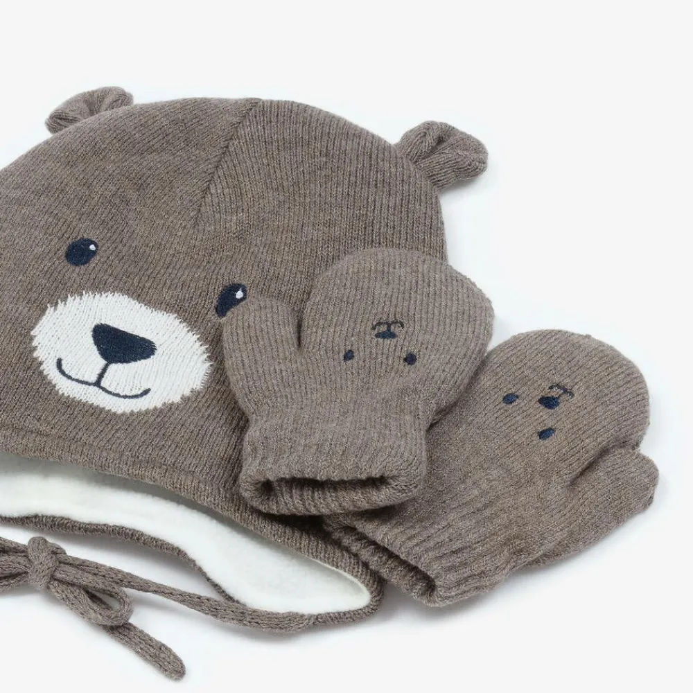 Mayoral Hats*Brown Cotton Bear Hat & Mittens Set