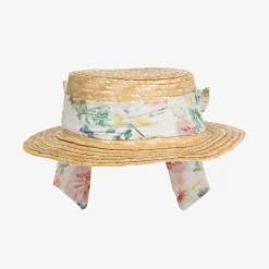 Patachou Hats*Girls Beige & Floral Trim Straw Hat