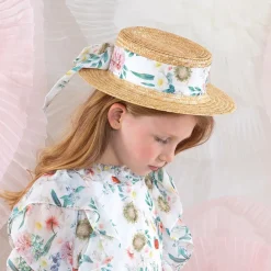 Patachou Hats*Girls Beige & Floral Trim Straw Hat