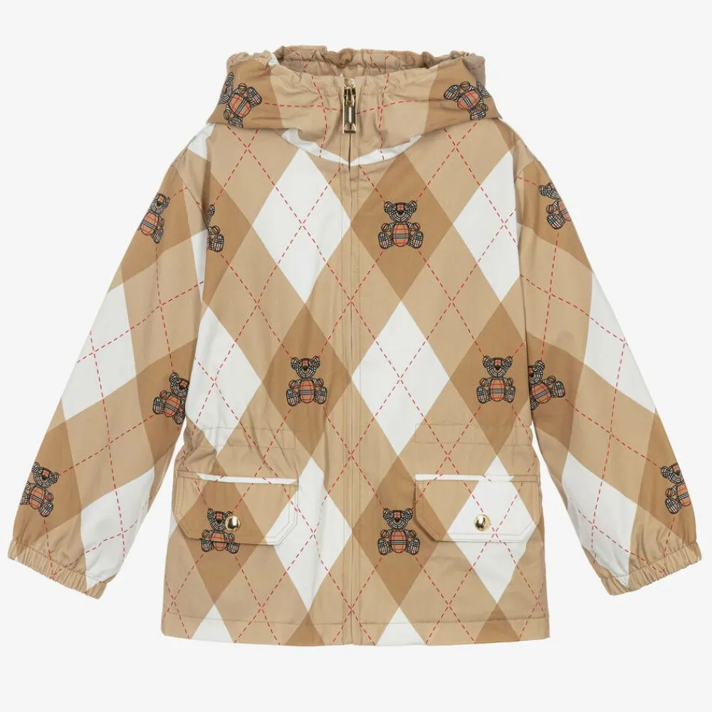 Burberry Coats & Jackets*Girls Beige Cotton Argyle Hooded Jacket