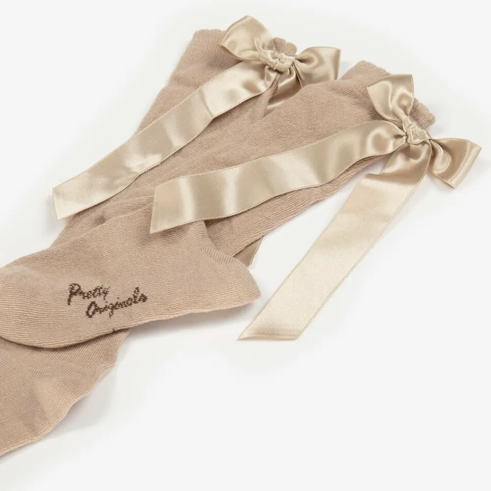 Pretty Originals Socks*Girls Beige Cotton Bow Socks