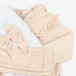 Caramelo Kids Tracksuits*Girls Beige Cotton Bow Tracksuit Set
