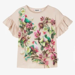 Molo Tops*Girls Beige Cotton Floral Dove T-Shirt