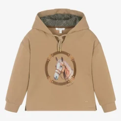 Patachou Tops*Girls Beige Cotton Horse Print Hoodie