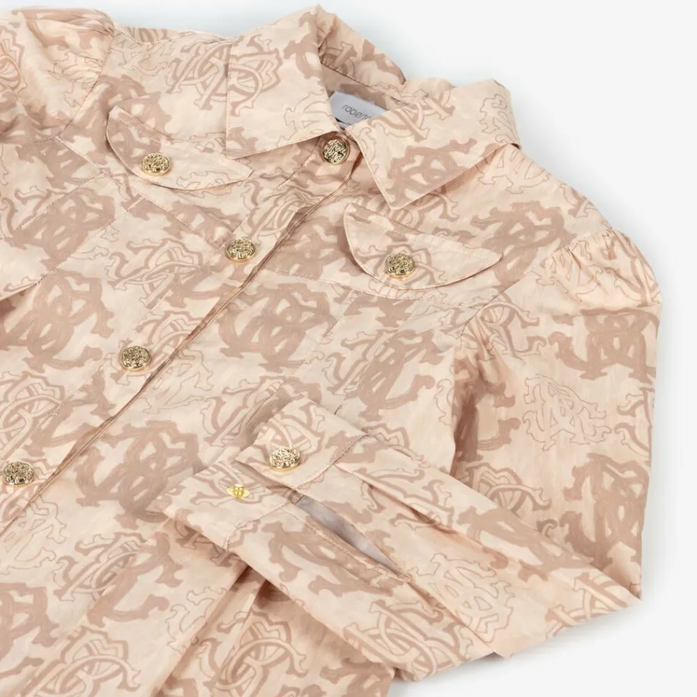 Roberto Cavalli Dresses*Girls Beige Cotton RC Monogram Dress