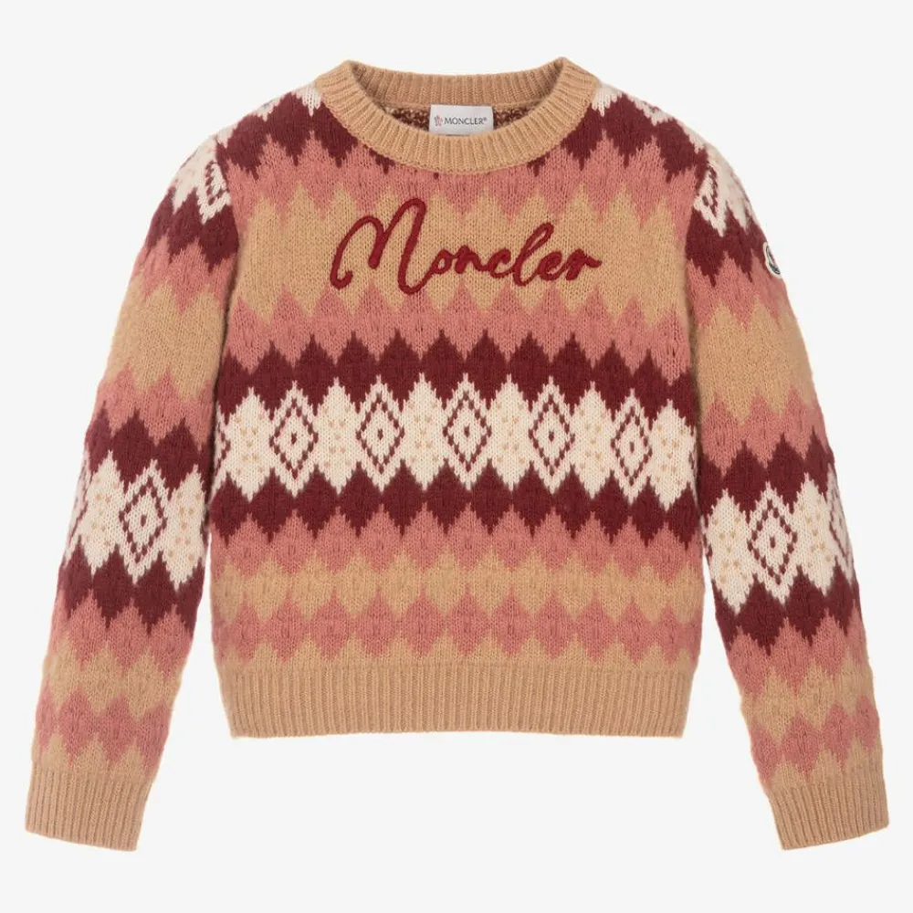Moncler Enfant Tops*Girls Beige Fair Isle Wool Sweater