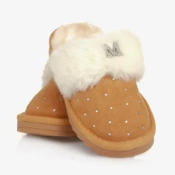 Monnalisa Slippers|Slippers*Girls Beige Faux Suede Sparkle Slippers