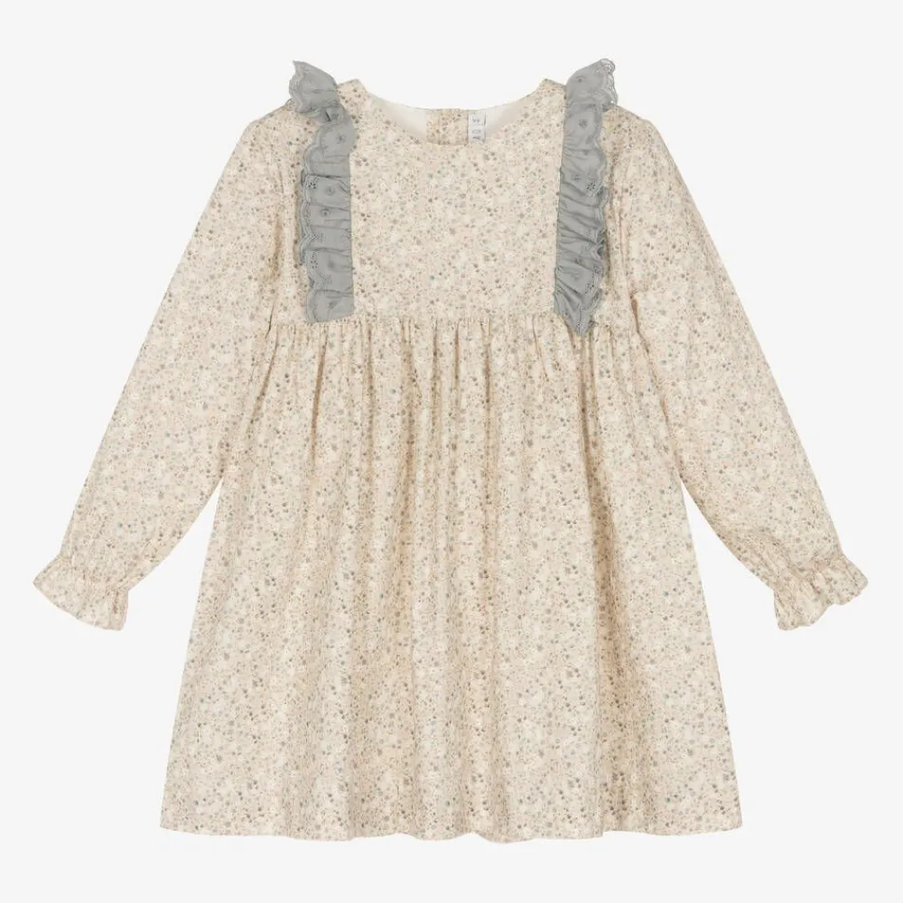 Paloma de la O Dresses*Girls Beige Floral Print Cotton Dress