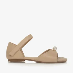 Age of Innocence Sandals|Sandals*Girls Beige Leather & Faux Pearl Sandals