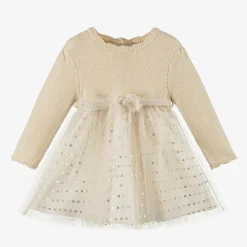 Mayoral Dresses*Girls Beige Lurex Knit & Tulle Dress