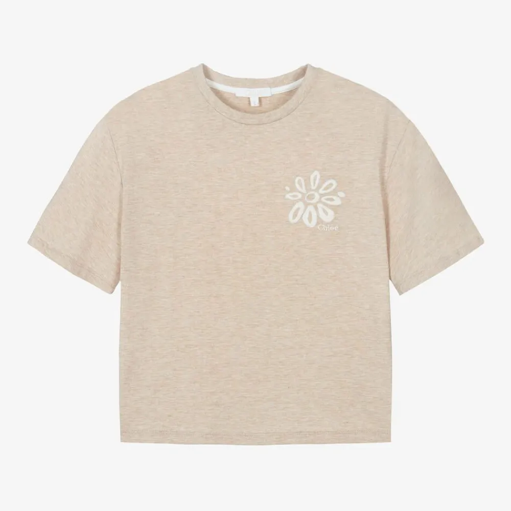 Chloé Tops*Girls Beige Organic Cotton Flower T-Shirt