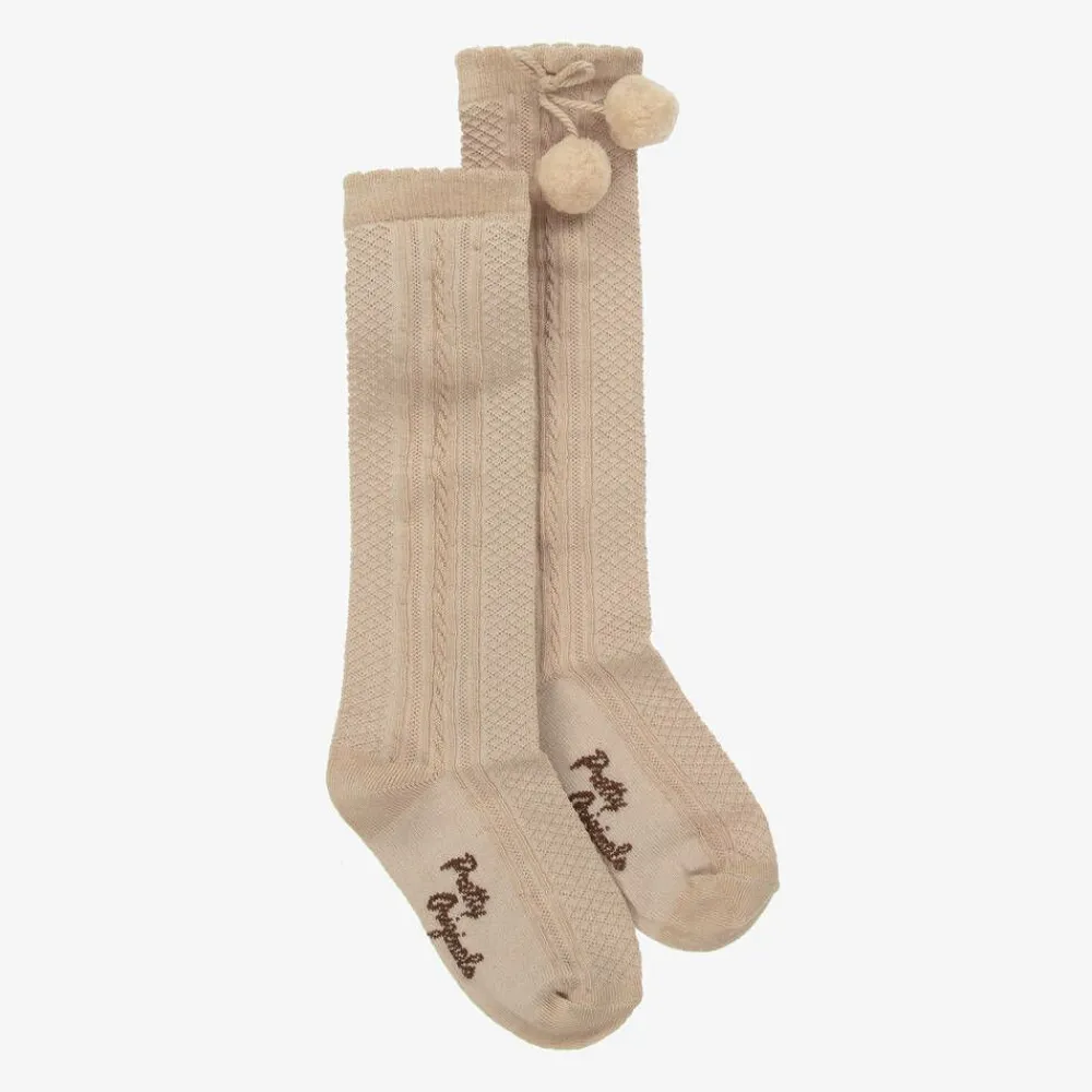 Pretty Originals Socks*Girls Beige Pom-Pom Cotton Socks