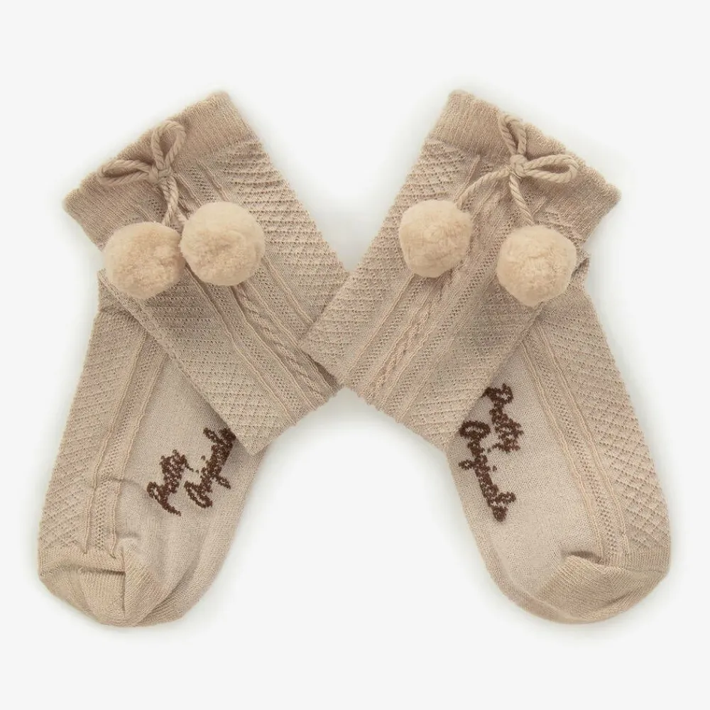 Pretty Originals Socks*Girls Beige Pom-Pom Cotton Socks